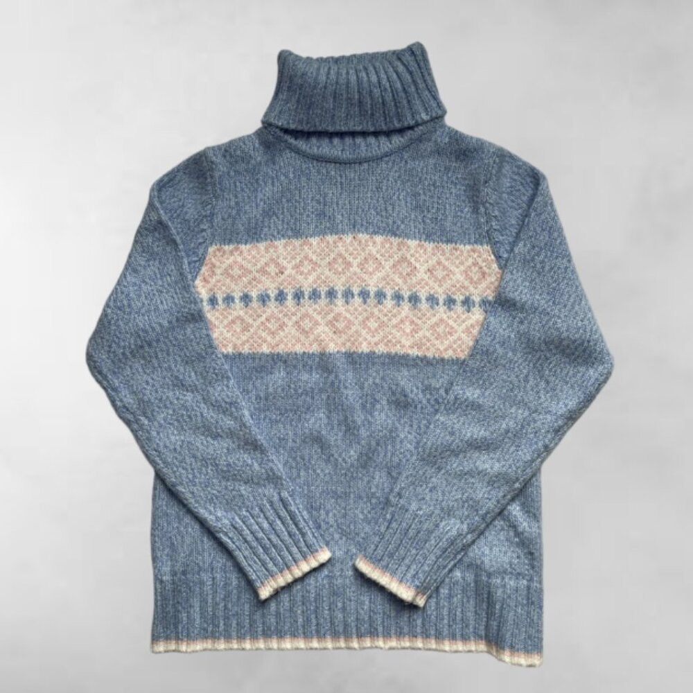 Womens Knit Turtleneck Sweater Blue/Pink/White Border Size Large Pre-owned